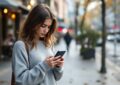 une femme angoissée dans la rue utilisant son téléphone mobile