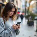 une femme angoissée dans la rue utilisant son téléphone mobile