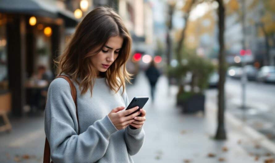 une femme angoissée dans la rue utilisant son téléphone mobile