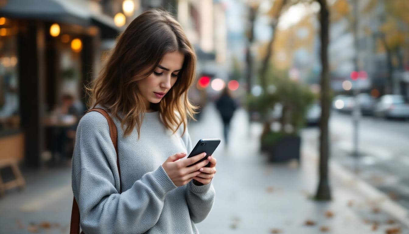 une femme angoissée dans la rue utilisant son téléphone mobile