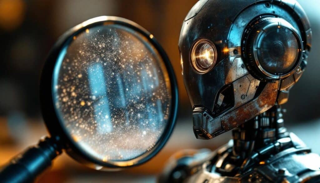 une loupe observant un robot en gros plan