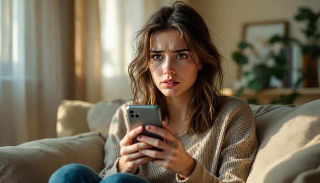 une femme angoissée utilisant son téléphone mobile