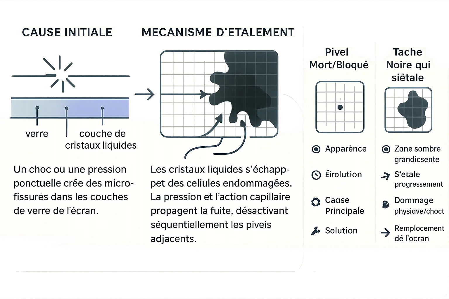 Schéma d'une tache noire s'étendant sur un écran LCD