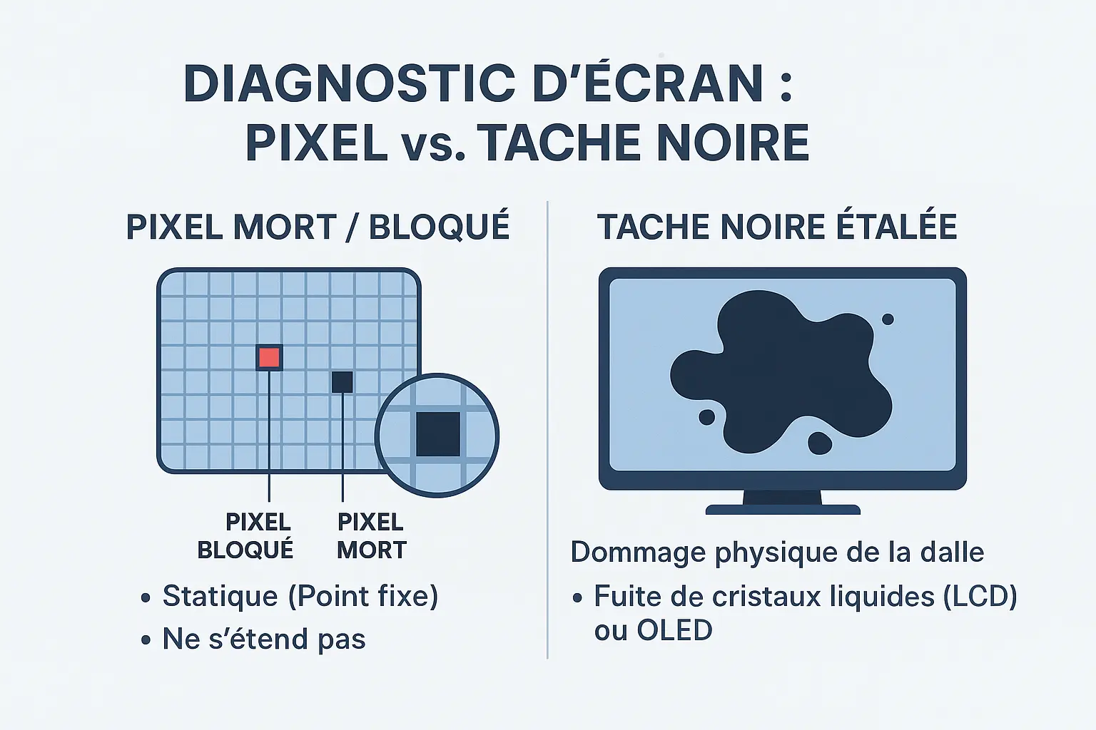 Comparaison entre un pixel mort et une tache noire sur écran de smartphone