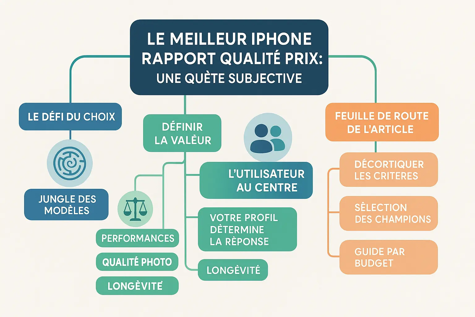 Illustration comparant les modèles d'iPhone avec des icônes de budget, caméra et performance