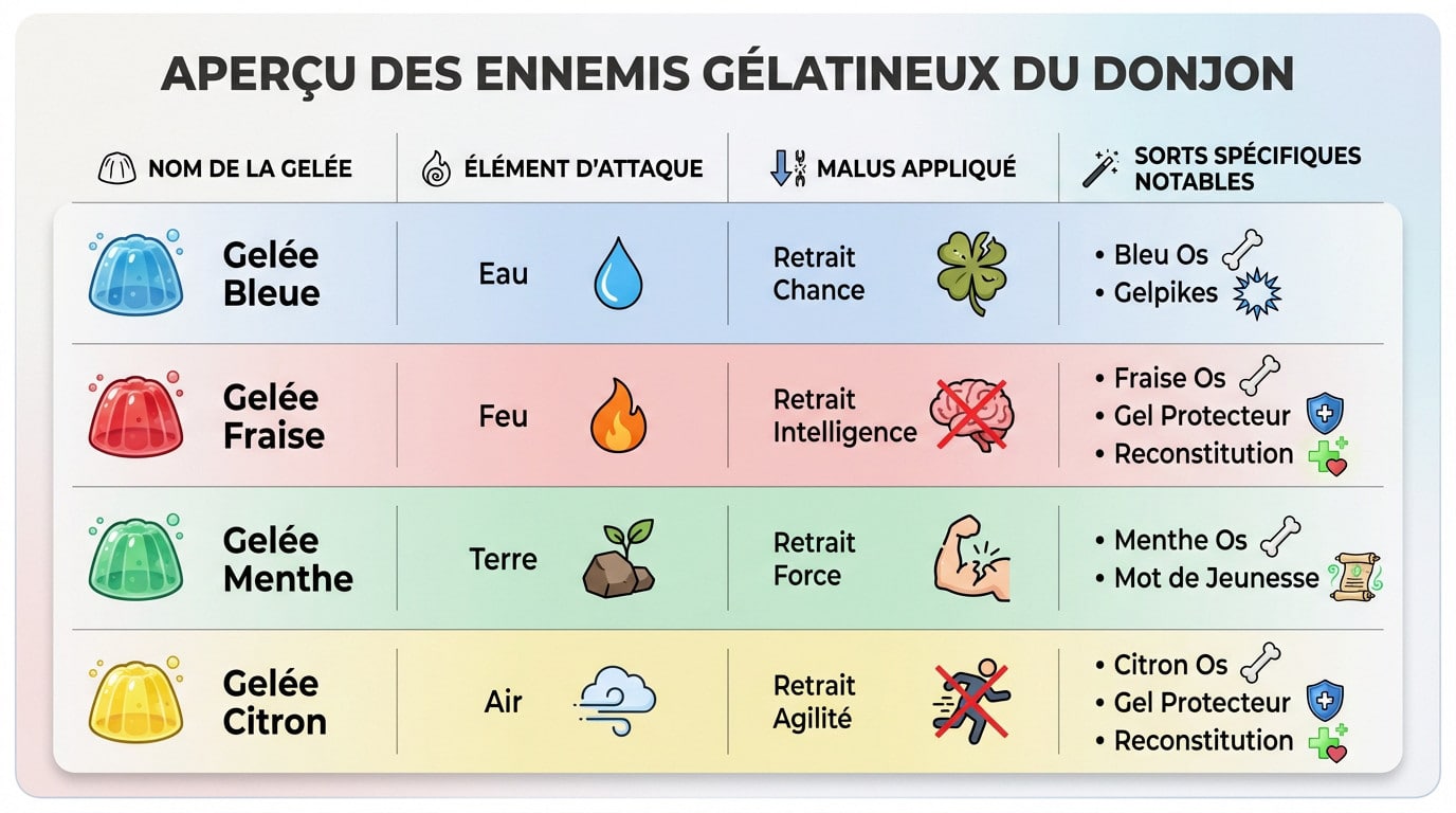 Aperçu des différentes gelées colorées ennemies dans le donjon Dofus