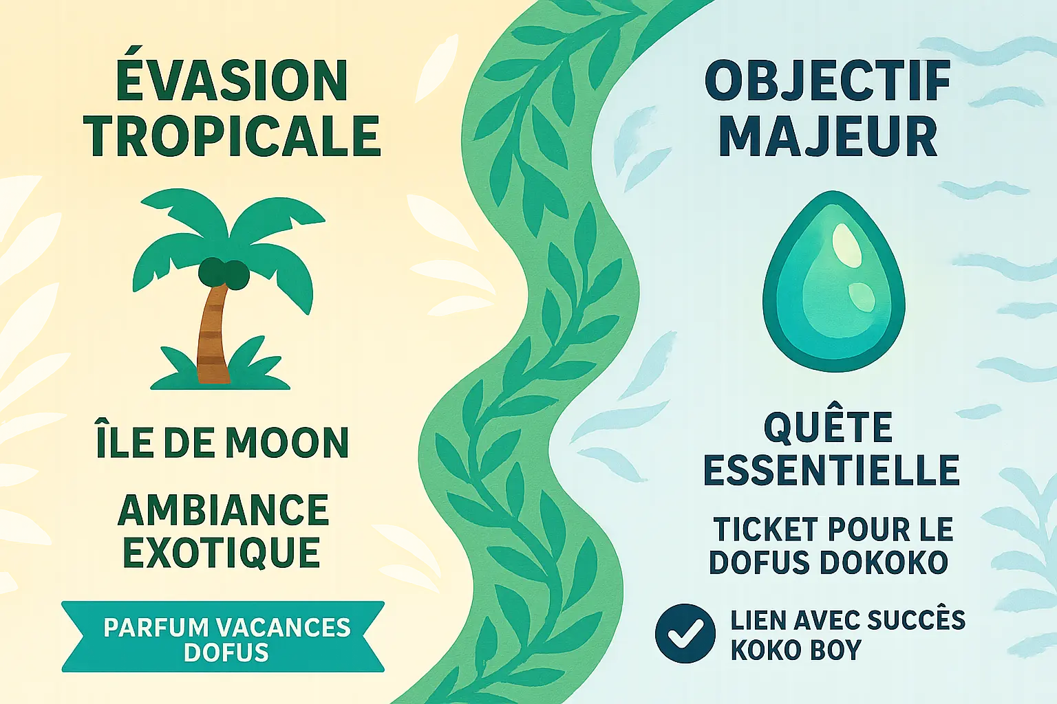 Infographie de la quête 'Un parfum de vacances' sur l'île de Moon pour le Dofus Dokoko