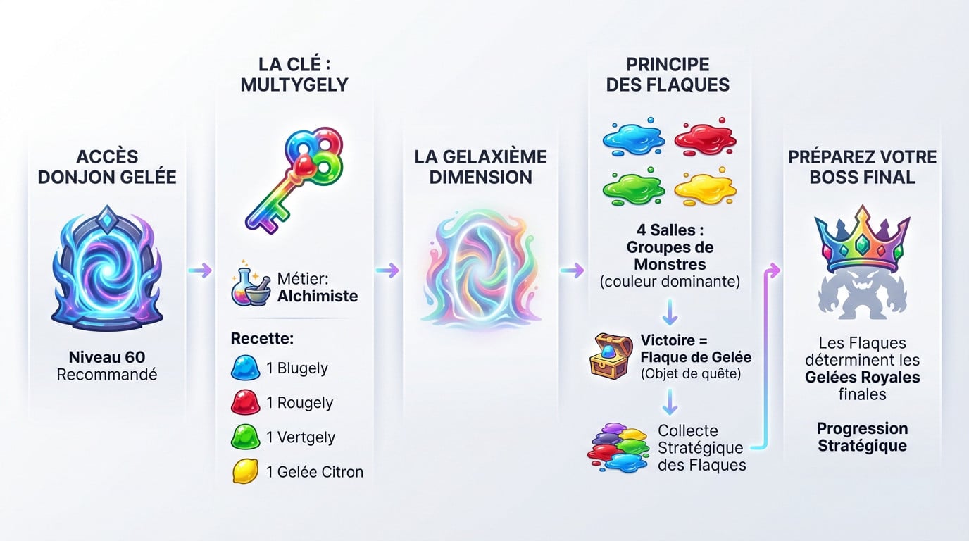 Infographie explicative sur l'accès à la Gelaxième Dimension et le fonctionnement des flaques dans le donjon Gelée