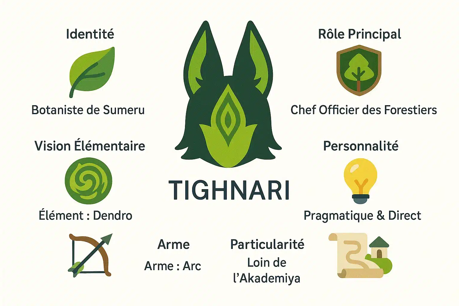Infographie résumant les caractéristiques clés de Tighnari : botaniste, Chef des Gardes Forestiers, élément Dendro et mentor de Collei.