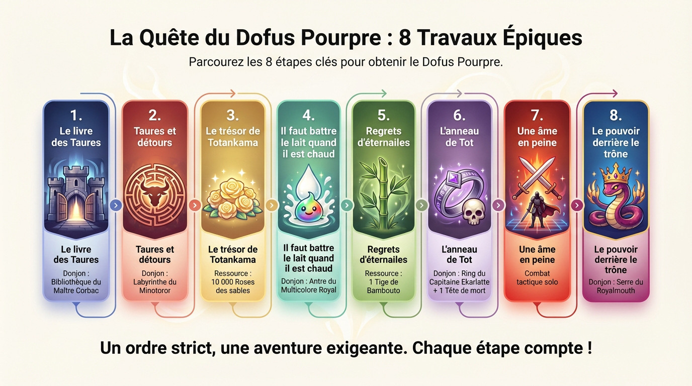 Illustration des étapes épiques pour obtenir le Dofus Pourpre