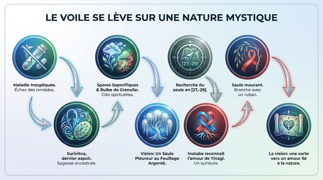 Illustration d'un saule pleureur mystique au feuillage argenté dans la forêt de Plantala