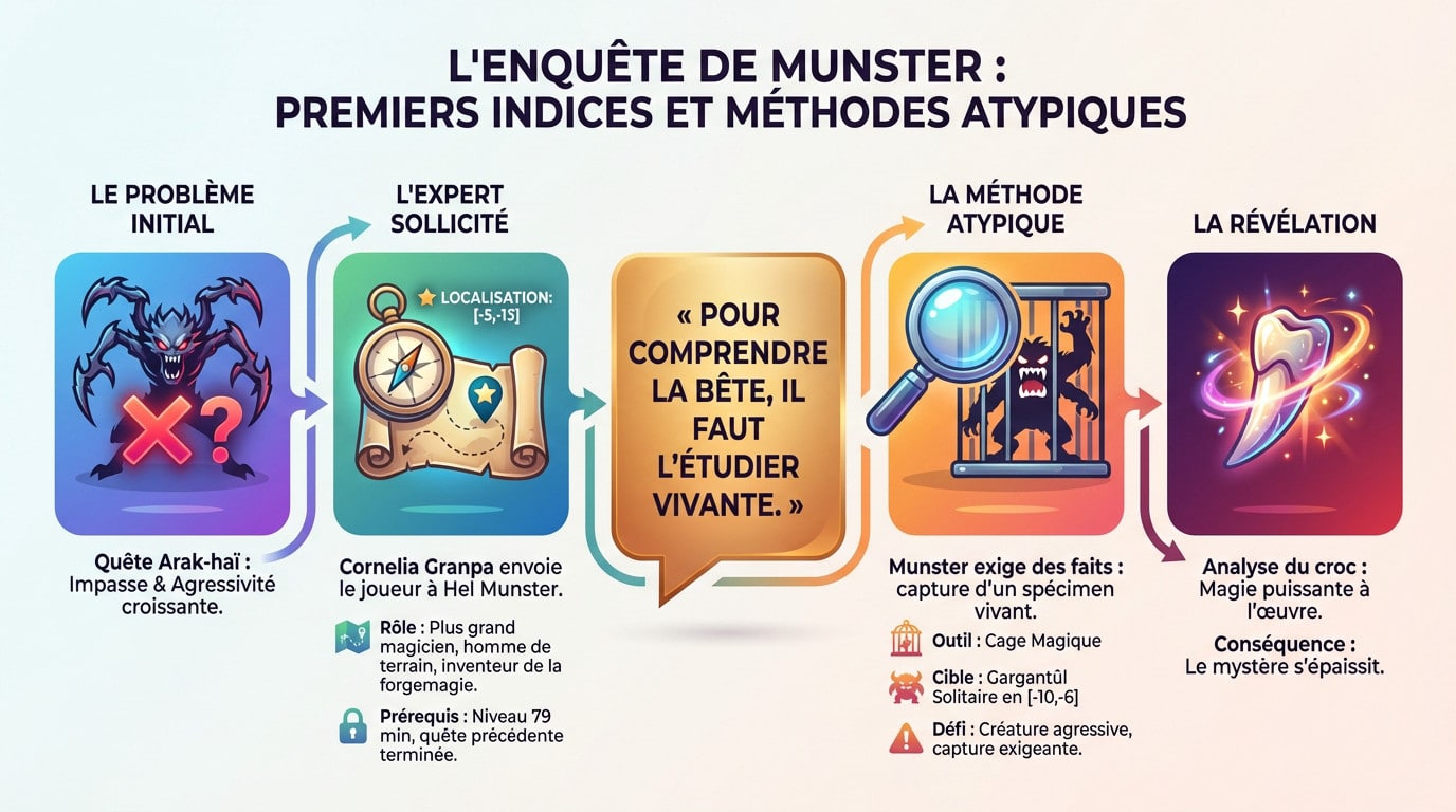 Hel Munster dans son atelier de forgemagie examinant un indice lié aux Arak-haï