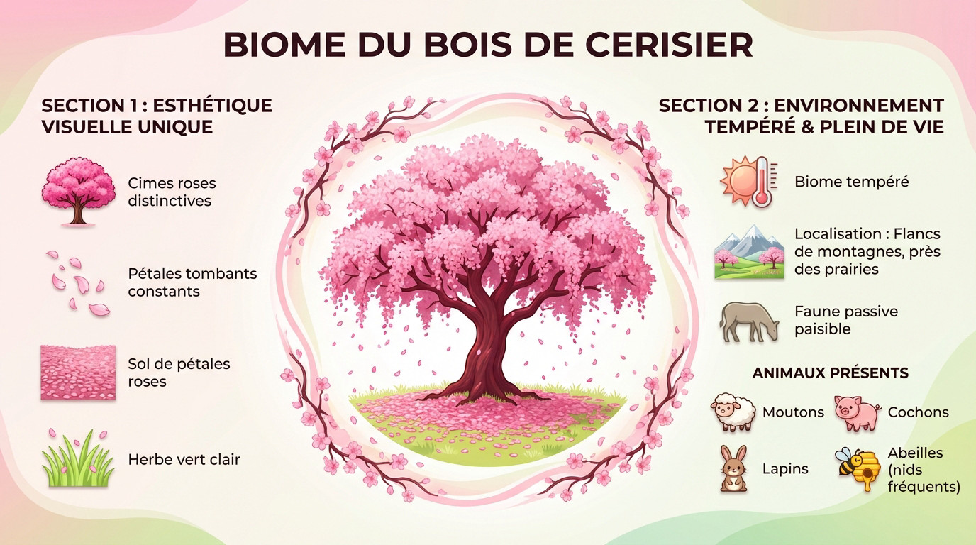 Paysage d'un bosquet de cerisiers dans Minecraft avec des arbres roses et des pétales au sol