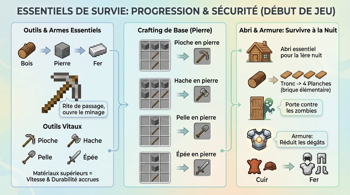 Illustration des essentiels de survie dans Minecraft montrant la progression des outils et la sécurité en début de jeu