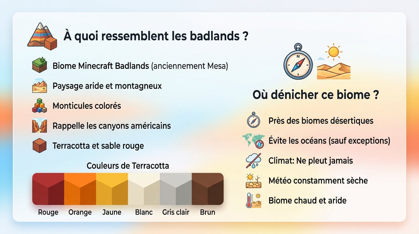 Vue panoramique d'un biome Badlands dans Minecraft montrant les strates de terracotta colorée