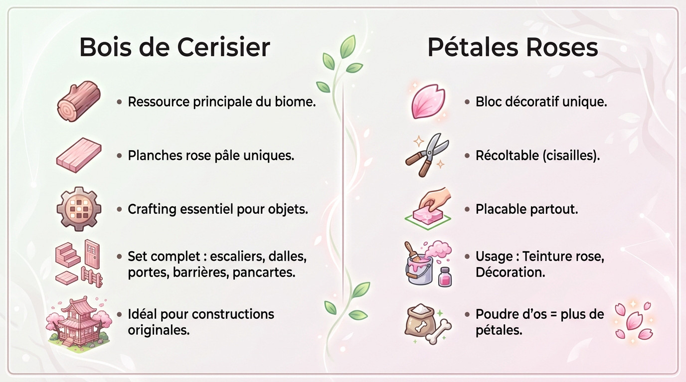 Infographie détaillant les blocs de bois de cerisier et les pétales roses dans Minecraft