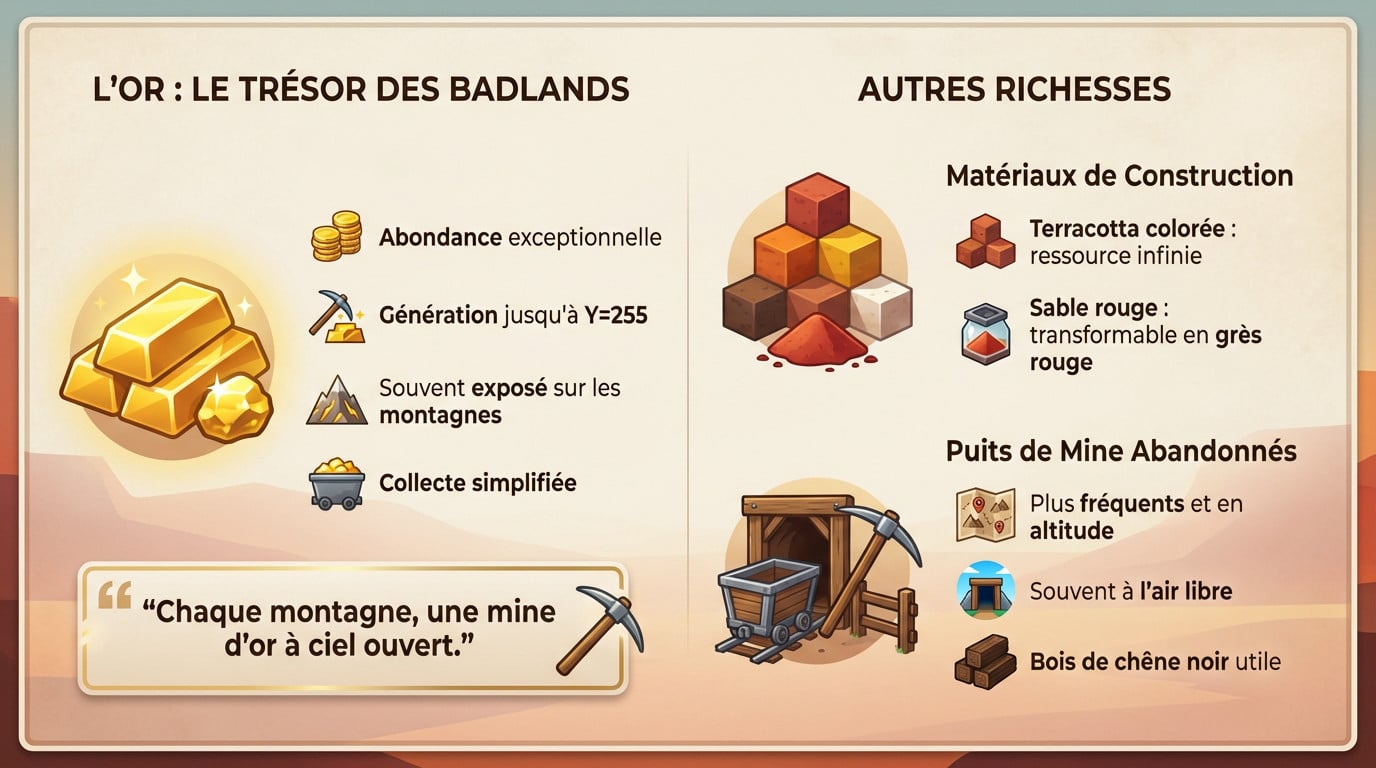Infographie montrant la répartition de l'or et les ressources des badlands dans Minecraft