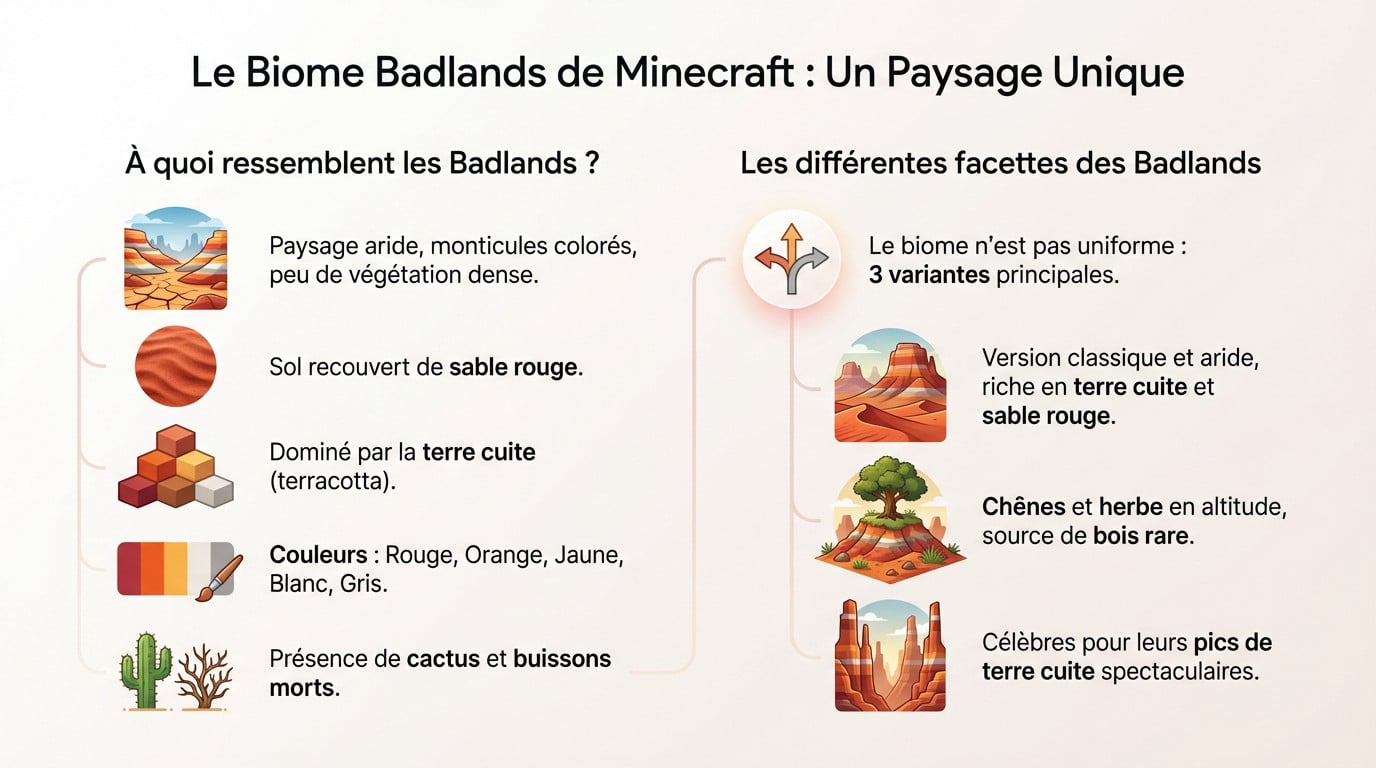 Paysage aride du biome <strong>Badlands</strong> Minecraft avec ses couches de terre cuite colorée et son sable rouge
