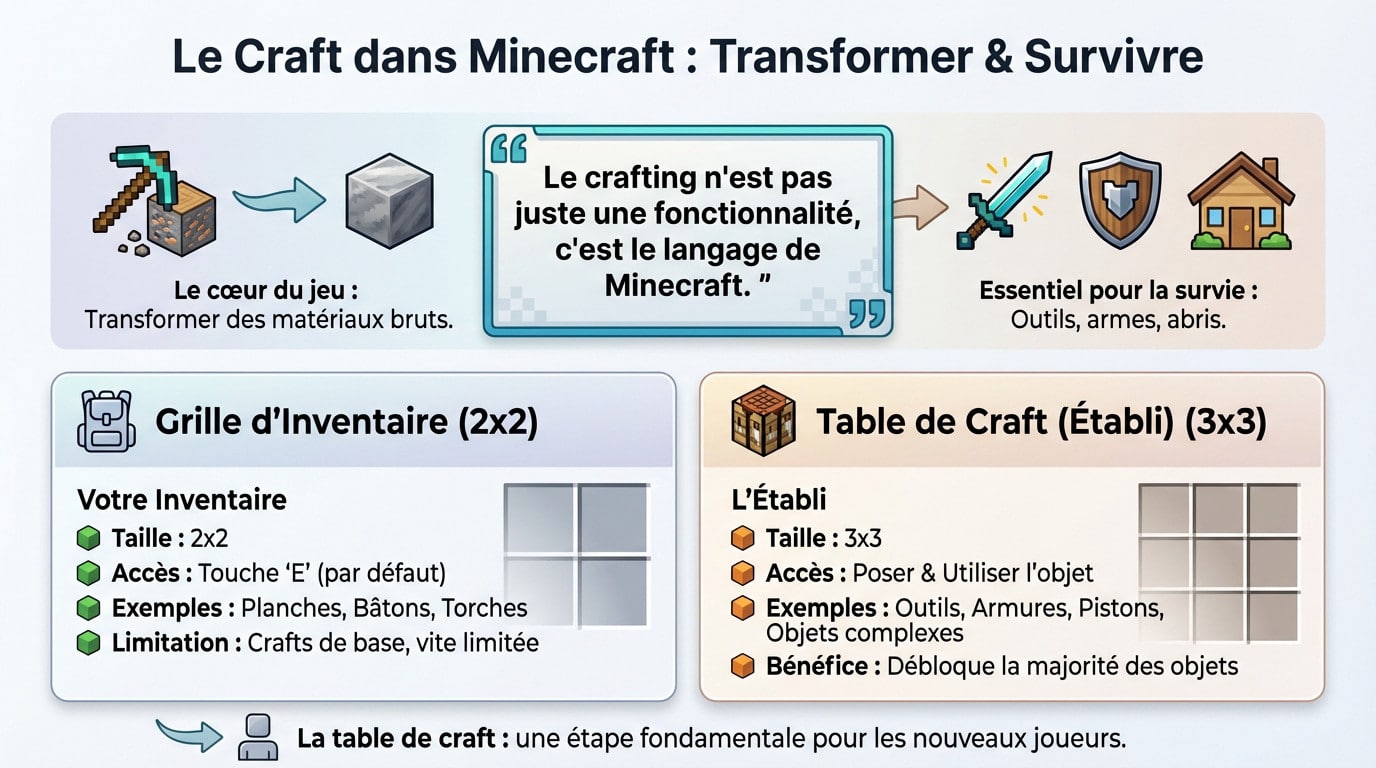 Steve utilisant une table de craft pour fabriquer une épée en diamant dans Minecraft
