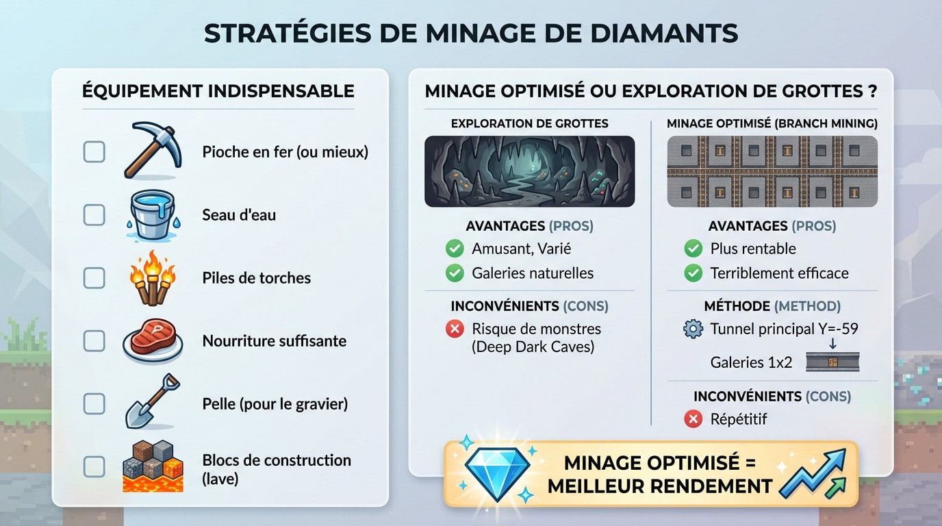 Steve explorant une grotte sombre dans Minecraft éclairée par des torches à la recherche de diamants