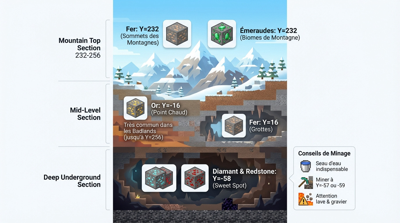 Illustration des couches optimales pour miner le diamant, l'or et le fer dans Minecraft