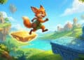 Anthropomorphic fox leaping between glowing platforms in a vibrant, fantastical world with floating islands, lush hills, and blue water under a bright sky.