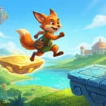 Anthropomorphic fox leaping between glowing platforms in a vibrant, fantastical world with floating islands, lush hills, and blue water under a bright sky.