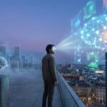 Man on rooftop, VR headset left fading, AI neural networks right glowing. Represents shift from virtual reality to artificial intelligence.