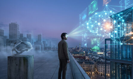 Man on rooftop, VR headset left fading, AI neural networks right glowing. Represents shift from virtual reality to artificial intelligence.