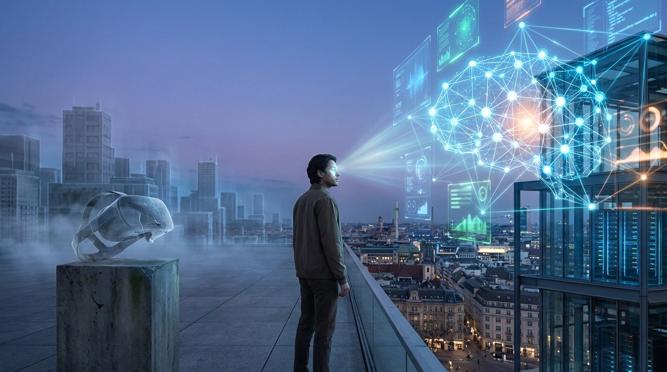 Man on rooftop, VR headset left fading, AI neural networks right glowing. Represents shift from virtual reality to artificial intelligence.