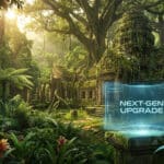Lush tropical jungle with sunlit ancient ruins, vibrant flora, and a glowing blue futuristic interface displaying 'NEXT-GEN UPGRADE'.