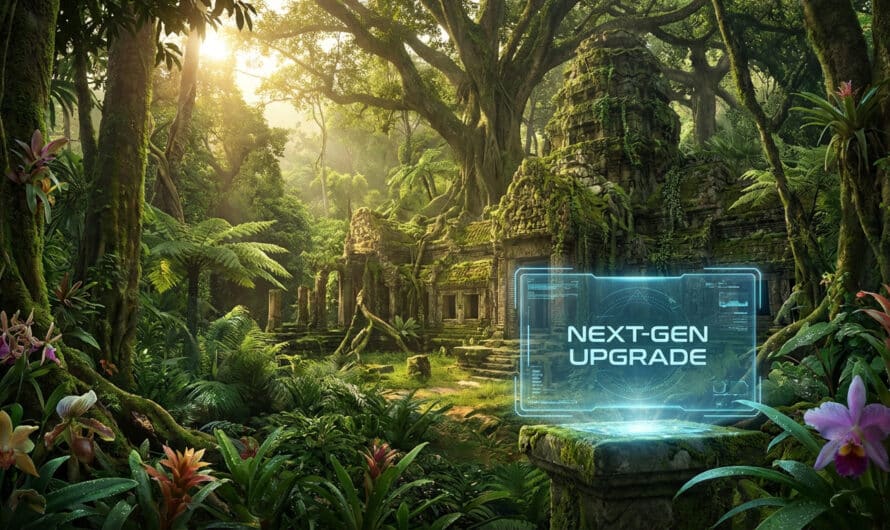 Lush tropical jungle with sunlit ancient ruins, vibrant flora, and a glowing blue futuristic interface displaying 'NEXT-GEN UPGRADE'.