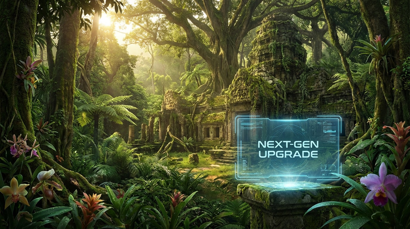 Lush tropical jungle with sunlit ancient ruins, vibrant flora, and a glowing blue futuristic interface displaying 'NEXT-GEN UPGRADE'.