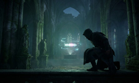 A cloaked figure crouches in a ruined gothic church, observing a glowing, abstract holographic projection. Eerie green light illuminates the scene.
