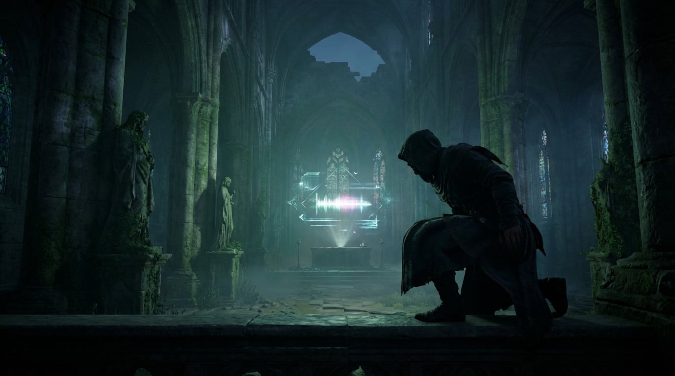 A cloaked figure crouches in a ruined gothic church, observing a glowing, abstract holographic projection. Eerie green light illuminates the scene.