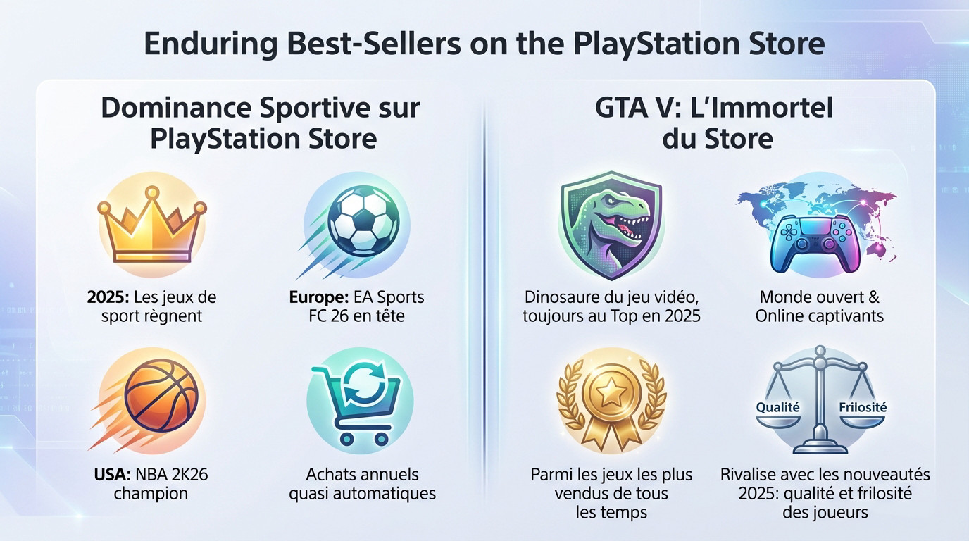 Illustration des tendances de téléchargement sur le PlayStation Store en 2025 montrant la domination des jeux de sport et GTA V