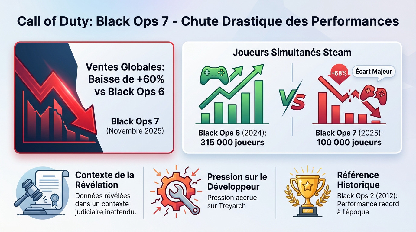Graphique montrant la chute drastique des ventes de Call of Duty Black Ops 7 par rapport à l'opus précédent