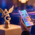 Hands vote on a glowing smartphone with game icons for the AG Awards, golden trophy, and vibrant digital background.