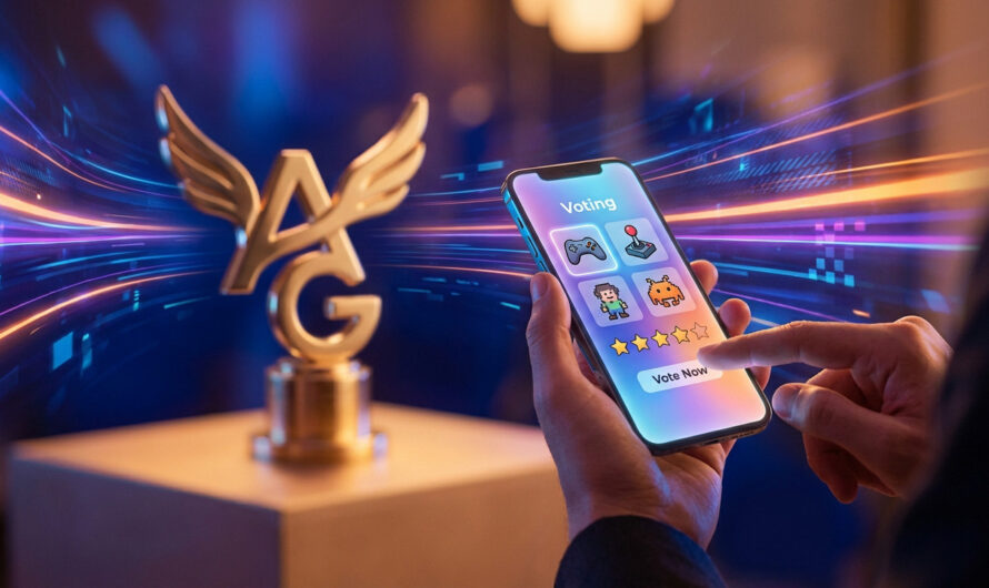 Hands vote on a glowing smartphone with game icons for the AG Awards, golden trophy, and vibrant digital background.