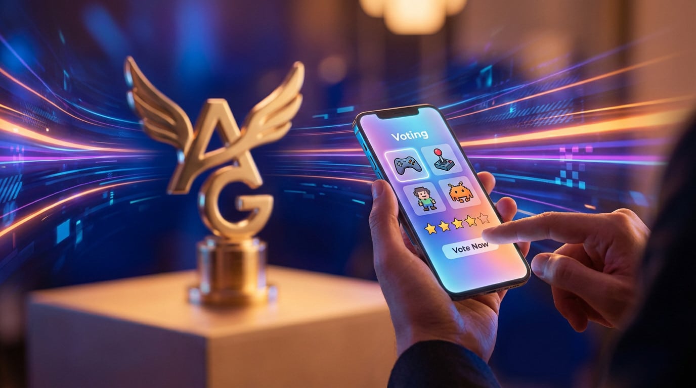 Hands vote on a glowing smartphone with game icons for the AG Awards, golden trophy, and vibrant digital background.