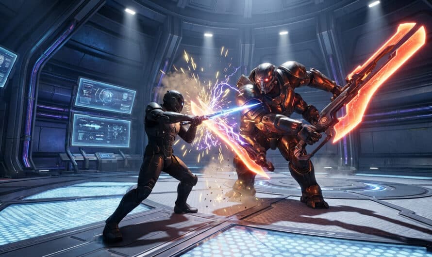 Futuristic warrior in dark armor parries a massive armored boss's glowing energy sword in a high-tech arena, with bright sparks.