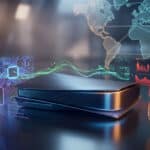 Sleek console-like device amidst glowing circuit patterns, digital streams, economic graphs, and a global map, depicting tech market tension.