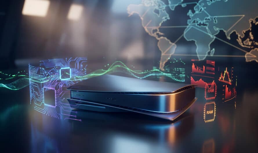 Sleek console-like device amidst glowing circuit patterns, digital streams, economic graphs, and a global map, depicting tech market tension.