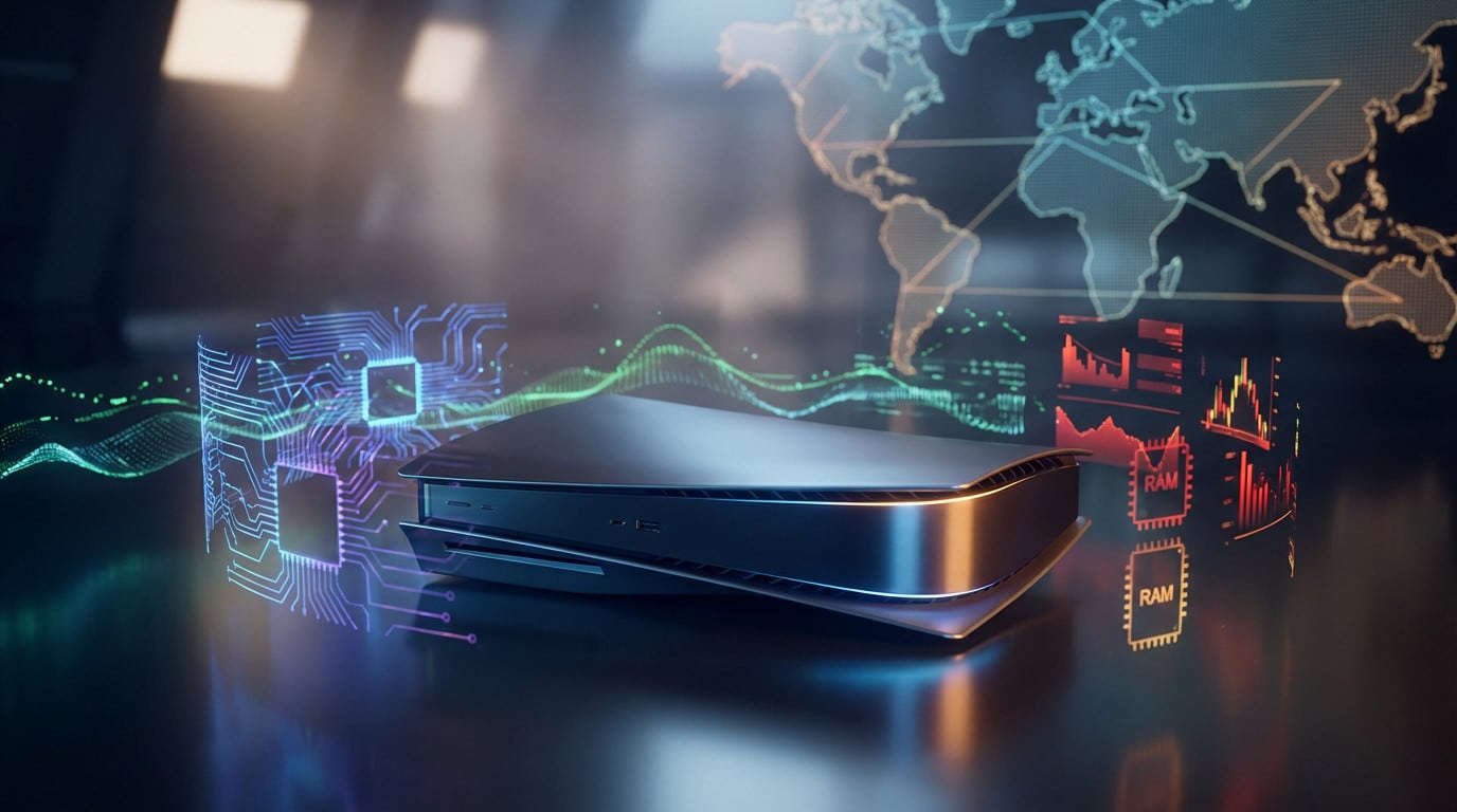 Sleek console-like device amidst glowing circuit patterns, digital streams, economic graphs, and a global map, depicting tech market tension.