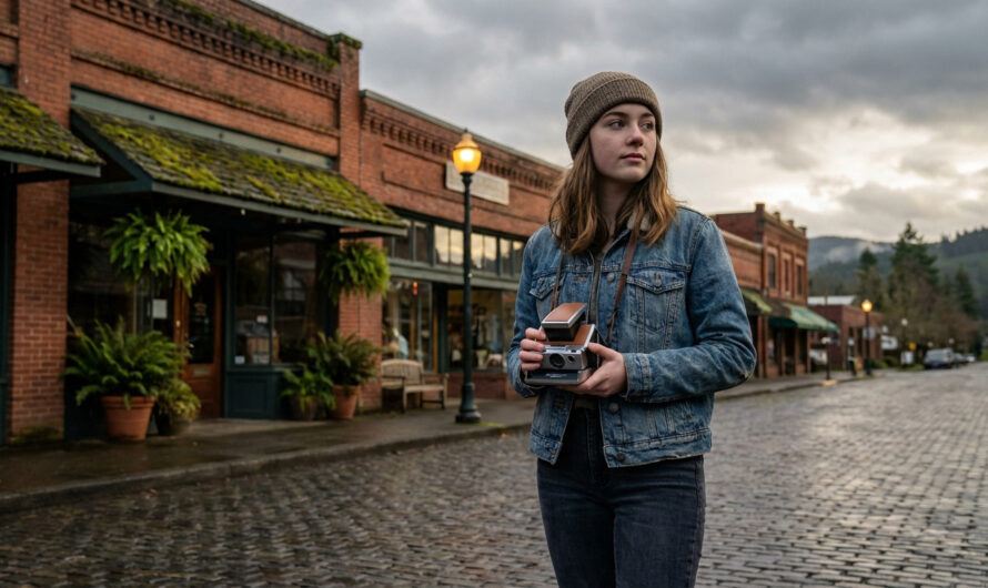 A young woman in a beanie and denim jacket holds a vintage camera, looking thoughtfully in a melancholic Pacific Northwest town with brick buildings and lush foliage.
