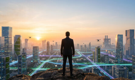 Figure views a futuristic city at dawn, with glowing digital networks, green architecture, drones, and an optimistic sunrise.