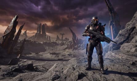Armored soldier with a rifle stands on a desolate alien planet, futuristic ruins under a moody purple and orange sky.