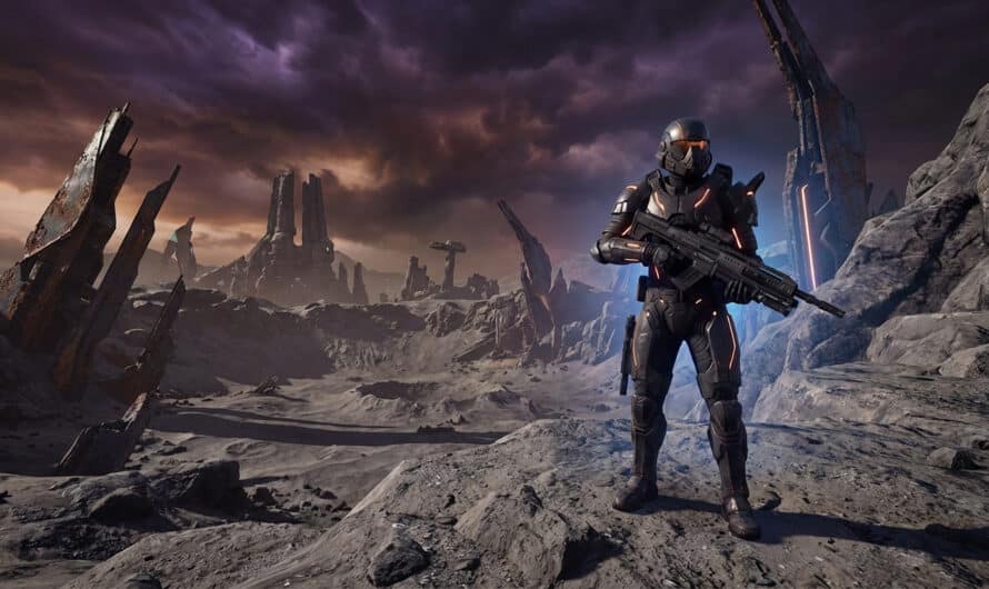 Armored soldier with a rifle stands on a desolate alien planet, futuristic ruins under a moody purple and orange sky.