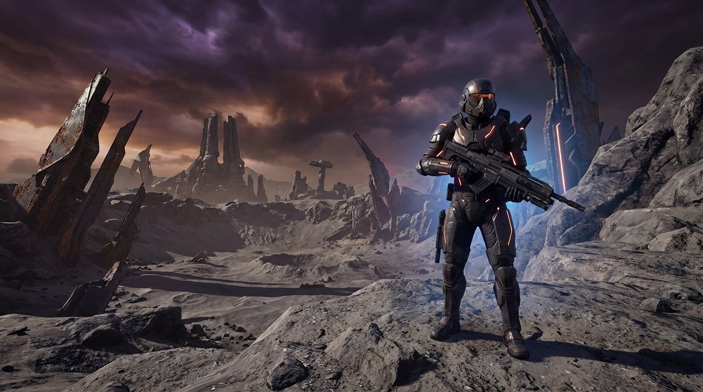 Armored soldier with a rifle stands on a desolate alien planet, futuristic ruins under a moody purple and orange sky.