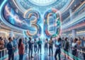 People celebrate around a glowing, futuristic '30' in a modern atrium. Vibrant digital lights and confetti symbolize joy and innovation.